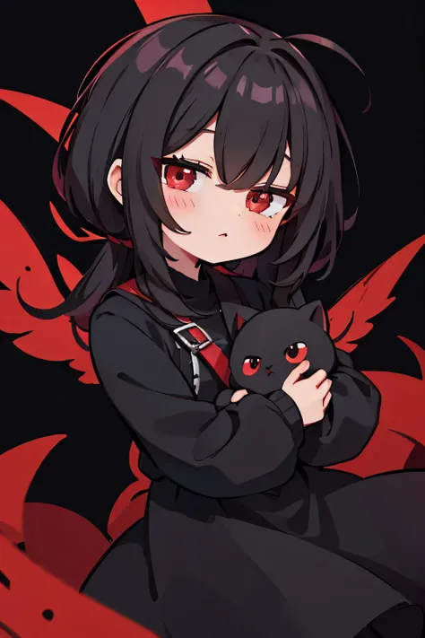 Red eyes on a black background holding a cute character