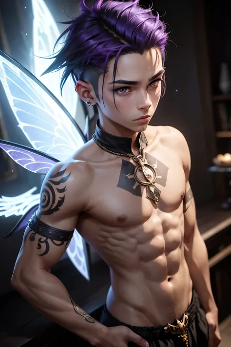 1boy, young male, teen, fairy, innocent face, cute face, youthful face, tanned skin, tribal, tribal tattoo, black eyes, fairy wings, black fairy wings, long hair, undercut, hair half shaved, purple hair, thin body, muscular, short, sexy, skimpy, jockstrap,...