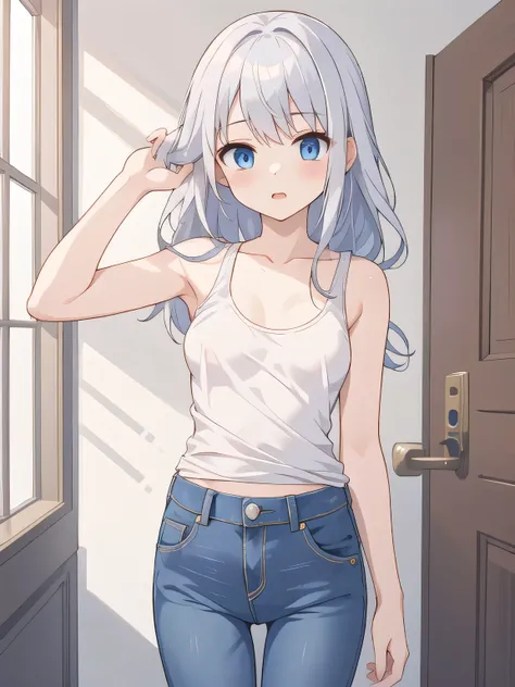 cute girl, anime, silver hair, blue eyes, feel shy, indoor, ((high quality)), small bust, cute, (young:1.2), stand, white tank top, bust, jeans, (nipple:0.95), cowboy shot, white pantie
