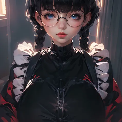 anime girl avec des lunettes et un haut noir assis sur un lit, guweiz, oeuvre d&#39;art dans le style de guweiz, style artistique anime moe, guweiz sur pixiv artstation, Guweiz sur ArtStation Pixiv, art animé numérique détaillé, art d&#39;anime détaillé et...