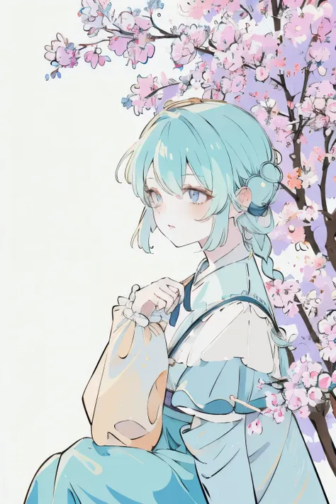 1 Girl, Orange sleeves, White hair, White skin, Light blue hair accessories, Blue suspenders, Blue clothes, Light blue eyes, , Double braid，Under the lilac tree