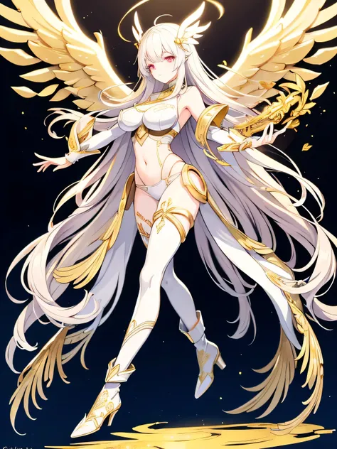The princess wears a white battle suit with gold details, Designed to be sleek and lightweight. His sleeveless armor combines agility and protection, with gold plates embedded in the fabric and gloves with gold filigree. He carries a simple but sharp sword...