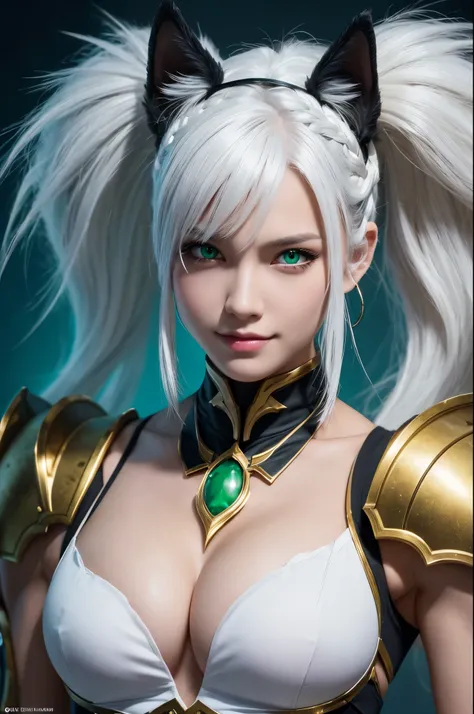 8k,Magnificent Fangs,white mohawk hair,A close-up of a girl wearing a white cat ear costume(Like the real thing) ,Muscular macho body,Gorgeous green and black armor,white mohawk hair,Lavish decoration,Green Eyes,Ultra-Realistic Skin,Fangs are visible from ...