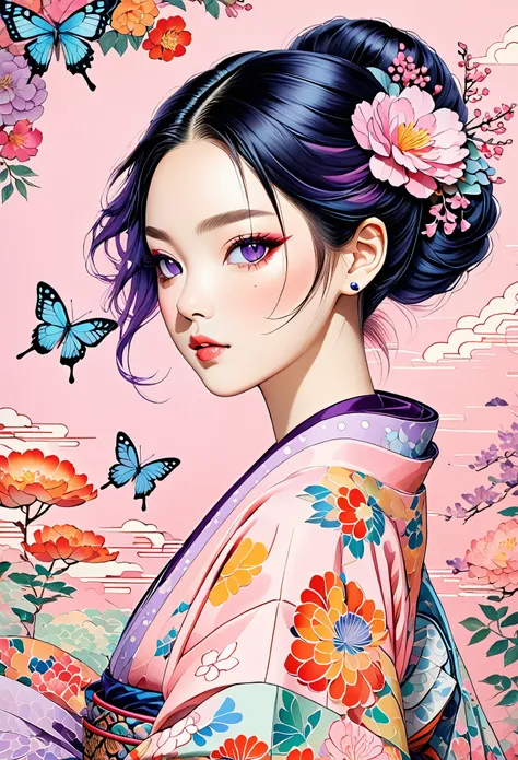 A mesmerizing surreal illustration of a young japanese woman resembling Shinobu Kouchou. She has black hair, purple eyes, a butterfly hair ornament, and wears a vibrant pastel colored outfit adorned with intricate floral patterns. Freckles dot her smooth, ...