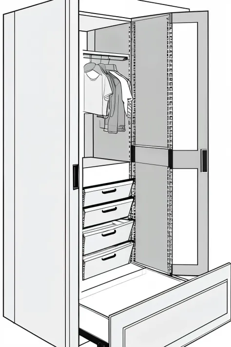 "Generate a 3D isometric line drawing of a modern wardrobe with multiple compartments. The wardrobe should have an L-shaped design., with the left section extending horizontally and featuring hanging cabinets. The main center section should have space to h...