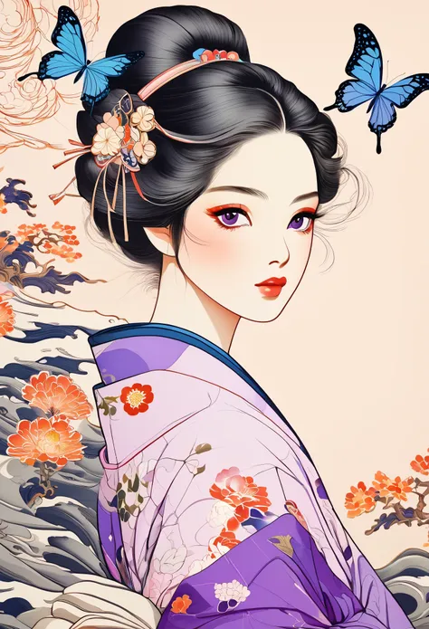 A mesmerizing surreal illustration of a young japanese woman resembling Shinobu Kouchou. She has black hair, purple eyes, a butterfly hair ornament, and wears a vibrant pastel colored outfit adorned with intricate floral patterns. Freckles dot her smooth, ...