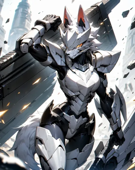 (female) Furry black and white Wolf protogen (wolf tail) (thin body) (Technological Armor) (holds a weapon, a power Energy cannon) (Effect Berserk Technology)