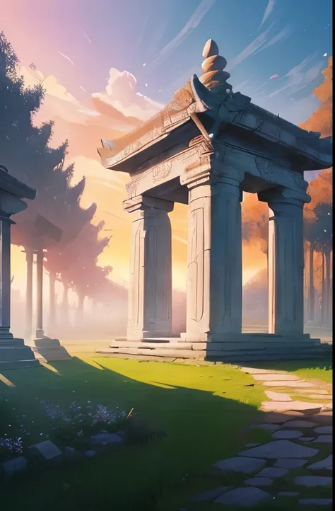 there is a small white building in the middle of a field, mysterious temple setting, a mystical temple, background depicting a temple, secret overgrown temple, entrance to ethereal realm, temple background, portal to the ethereal realm, mythical shrine, be...