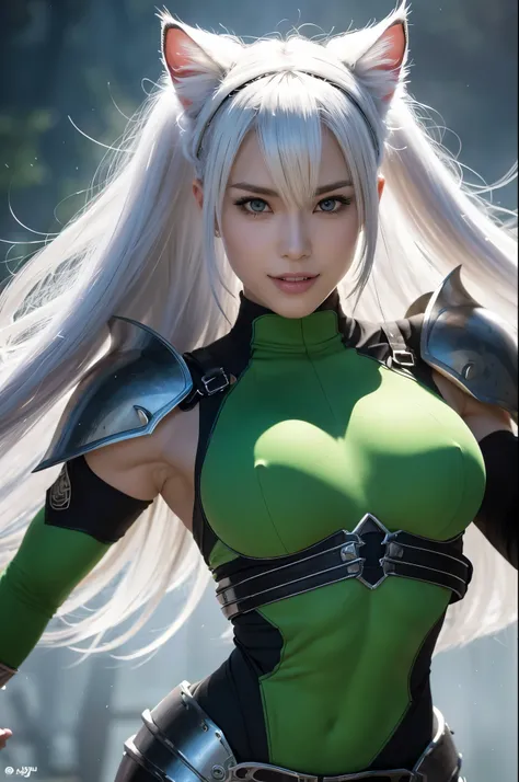 8k,Magnificent Fangs,white mohawk hair,A close-up of a girl wearing a white cat ear costume(Like the real thing) ,Muscular macho body,Gorgeous green and black armor,white mohawk hair,Lavish decoration,Green Eyes,Ultra-Realistic Skin,Fangs are visible from ...