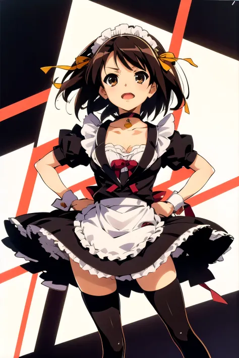 (Haruhi Suzumiya), brown hair, short hair, brown eyes, medium hair, medium bust, woman, solo, Maid clothes, stockings, Headdress, choker, apronスカート, apron, Frills, ribbon, collar, cuffs,