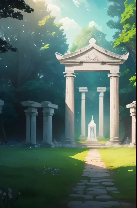 there is a small white building in the middle of a field, a picture by Pogus Caesar, cg society contest winner, romanticism, mysterious temple setting, a mystical temple, background depicting a temple, secret overgrown temple, entrance to ethereal realm, t...