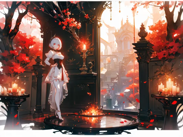 ((masterpiece, best quality)), Epic battlefield atmosphere，Ashes Paradise，Maid，Flame Surround，spark，Petals falling，A meticulous face，Standing image，Perfect body proportions，Stylish short hair，Beautiful red eyes，Fantasy style，White background，transparent，Se...