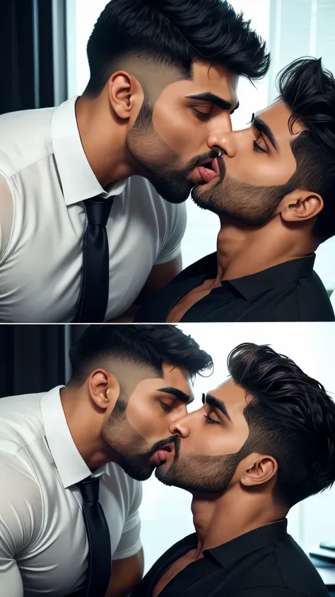 Pehlwan man Indian Gurjar gay couple wetty mouth to mouth tounge to tounge kissing and sucking lower lip, bitting lower lip during kissing saliva dripping from mouth with big shinning eyes big lips wide jawline beautiful hunk face spiky black hairstyle, se...