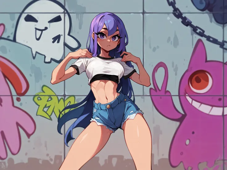 Masterpiece , Excellent quality , high resolution , 1 woman , Long Lilac Hair , White crop top , Jean Shorts , abdomen , big breasts , Long legs , hands on hips , Graffiti wall
