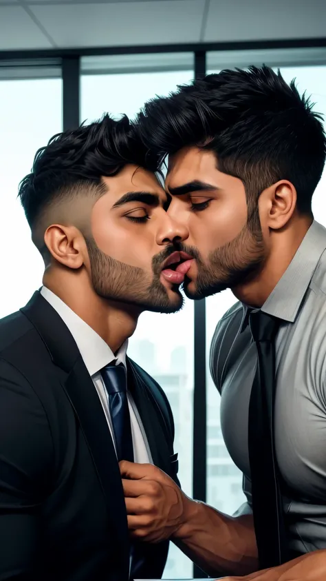 Business man Indian Gurjar gay couple wetty mouth to mouth tounge to tounge kissing and sucking lower lip, bitting lower lip during kissing saliva dripping from mouth with big shinning eyes big lips wide jawline beautiful hunk face spiky black hairstyle, s...