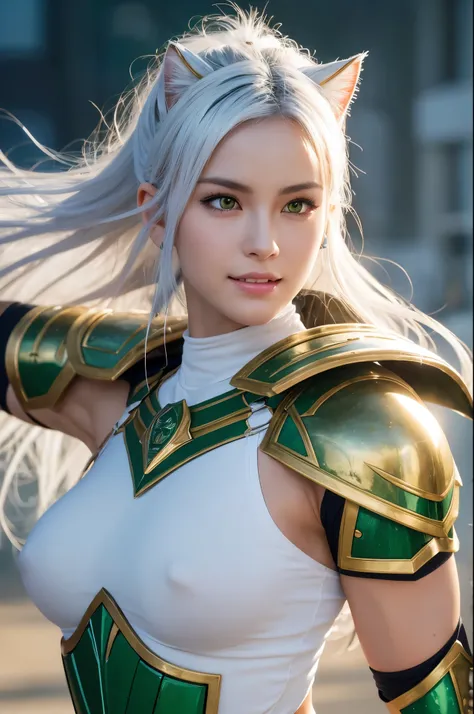 8k,Magnificent Fangs,white mohawk hair,A close-up of a girl wearing a white cat ear costume(Like the real thing) ,Muscular macho body,Gorgeous green and black armor,white mohawk hair,Lavish decoration,Green Eyes,Ultra-Realistic Skin,Fangs are visible from ...