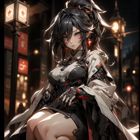 (best quality)), ((Masterpiece)), (details:1.4), 3d, HDR (high dynamic range), an image of a beautiful cyberpunk female, Black hair, High ponytail, Full body, Golden eyes, จมูกโด่ง, ปากแดง, หน้าอกใหญ่, nvidia RTX, PBR surface, After processing, Anisotropic...