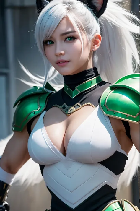 8k,Magnificent Fangs,white mohawk hair,A close-up of a girl wearing a white cat ear costume(Like the real thing) ,Muscular macho body,Gorgeous green and black armor,white mohawk hair,Lavish decoration,Green Eyes,Ultra-Realistic Skin,Fangs are visible from ...