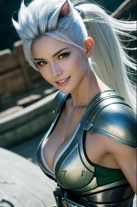 8k,Magnificent Fangs,white mohawk hair,A close-up of a girl wearing a white cat ear costume(Like the real thing) ,Muscular macho body,Gorgeous green and black armor,white mohawk hair,Lavish decoration,Green Eyes,Ultra-Realistic Skin,Fangs are visible from ...