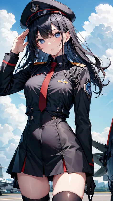 Commander Woman、beautiful、Near future、upright、Salute with your right hand、Left hand lowered、Black military uniform、Black Mini Tight Skirt、Black military boots、Black Stockings、Black Hair、Deep blue eyes、thin black tie、Slender body、Black Beret、Medals、Black si...