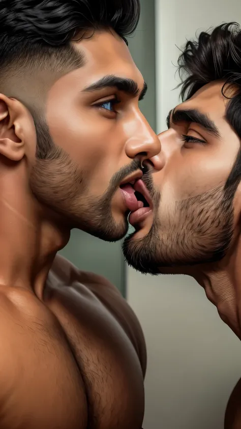 Pehlwan man Indian Gurjar gay couple wetty mouth to mouth tounge to tounge kissing and sucking lower lip, bitting lower lip during kissing saliva dripping from mouth with big shinning eyes big lips wide jawline beautiful hunk face spiky black hairstyle, se...