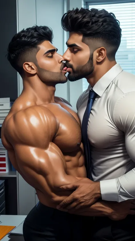 Pehlwan man Indian Gurjar gay couple sucking chest licking chest with big shinning eyes big lips wide jawline beautiful hunk face spiky black hairstyle, seductive kissing in office 