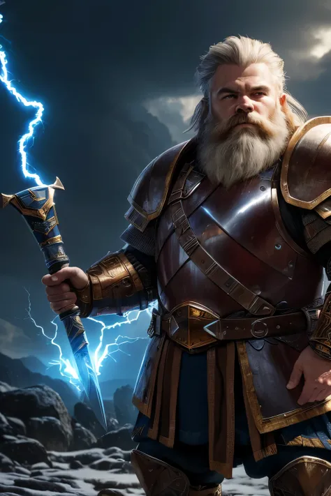 (extremely detailed 8k wallpaper), an average photo of a dwarf male cleric lightning, warrior, armour, armored, intrikate, high détail, Dramatic