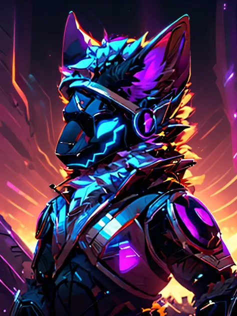 male character, Protogen, fluffy, orange fur, advanced technology, chrome light armor, Protogen modern black armor, I look at the landscape, city of the future, effeminate, dynamic lighting, purple neon, Purple Lights