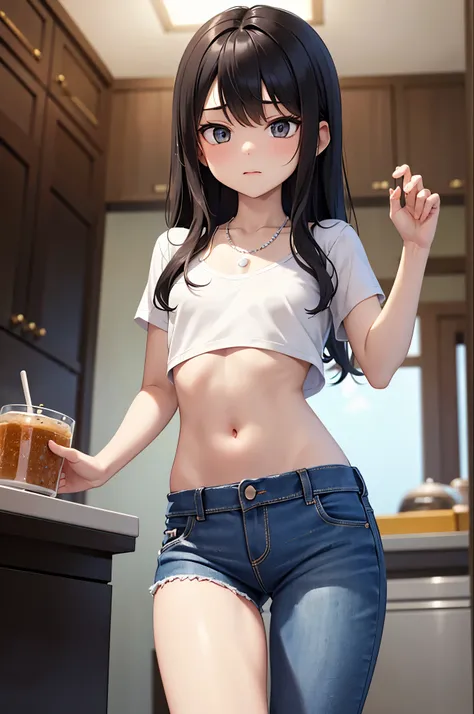 Very detailed illustrations, bright colors, Masterpiece, Sharp focus, best quality, depth of field, movie light, very detailed, collarbone, t-shirt, short sleeve, milf, 1 woman, alone, Diaphragm, abdomen, ปุ่มabdomen, Large navel, kitchen, ceiling, close u...