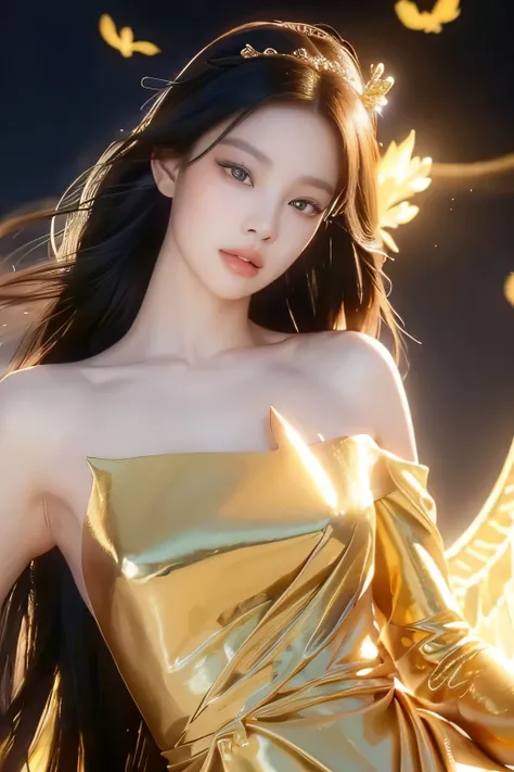 Jennie, golden dress, fairycore, long black hair, beautiful detailed black eyes, beautiful detailed lips, extremely detailed face, longeyelashes, elegant pose, dramatic lighting, cinematic, chiaroscuro, dramatic shadows, golden hour, atmospheric, photoreal...