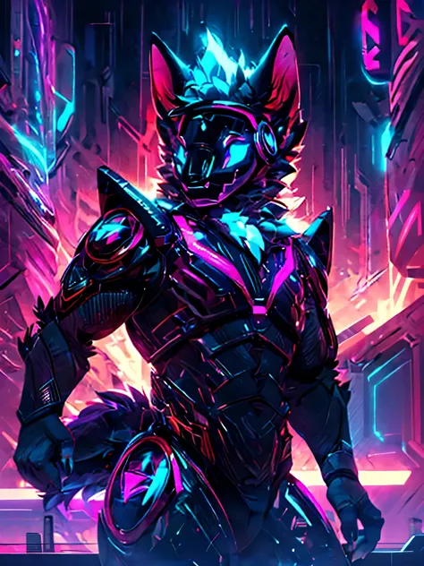 male character, protogen, primagen, furry, furry character, fur, fluff, blue fur, advanced technology, chrome light armor, protogen modern black armor, looking at the landscape, future city, cyberpunk city, effeminate, dynamic lighting, purple neon, blue l...