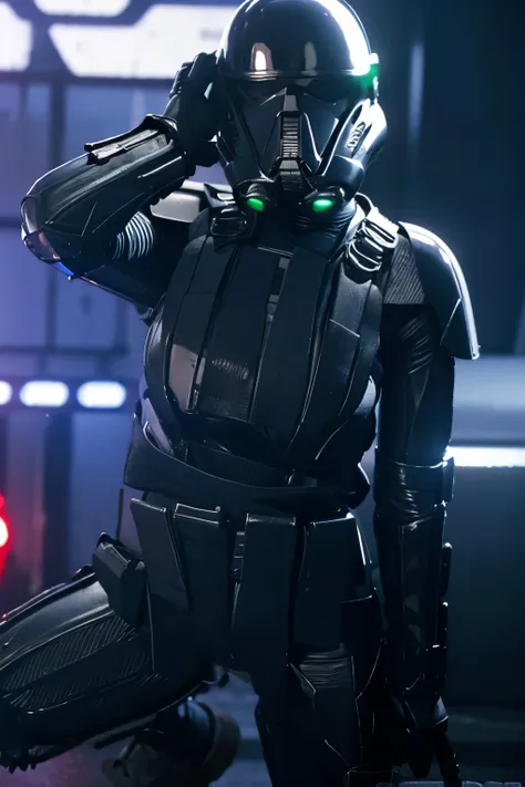 teen girl, star wars Deathtrooper, big thighs sexy teen, with helmet, doing sexy pose