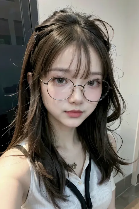 The face is of a Chinese girl wearing round black-rimmed glasses.