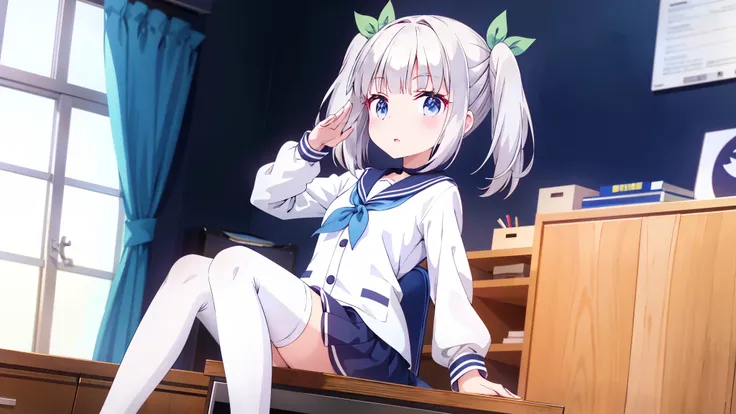 1 white-haired girl with ribbon decorations on her head, blue eyes at school navy blue miniskirt Women in white stockings at home