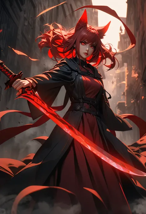 "A 1 with nine tails on her back and fox ears, wearing a modest red dress that flows elegantly and a black overcoat. She has red hair, a serious and determined expression, and is holding a sword in one hand. A black hooded figure stands nearby, adding to t...