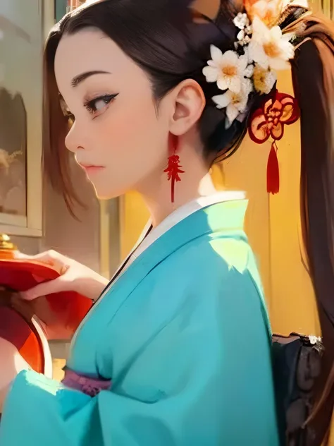 a close up of a woman in a kimono dress holding a bag, ancient chinese princess, beautiful character painting, ancient  beauties, by Li Fangying, by Li Song, palace ， a girl in hanfu, by Lu Guang, by Qiu Ying, by Hua Yan, by Chen Lin, by Qu Leilei,  prince...