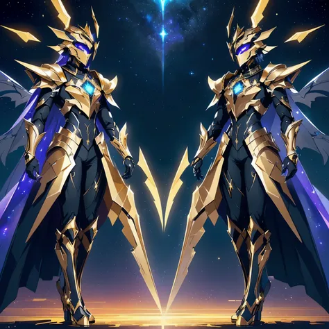 Its a man. The image presents a highly detailed and futuristic armor designed for a male warrior. The armor combines elements from different parts to create a cohesive and powerful look.
Helmet: The helmet features a sleek, aerodynamic design with a golde...