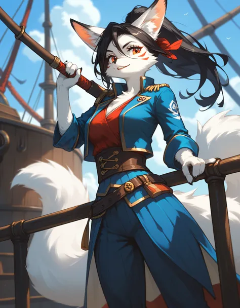 Solo, score_9,score_8_up,score_7_up, source_furry, an Anthro furry white Kitsune, white furry body, she has four white tails, ponytail black hair, white fox ears, long fox snout, BLUE PIRATE CLOTHES, wearing pants, in a pirate ship