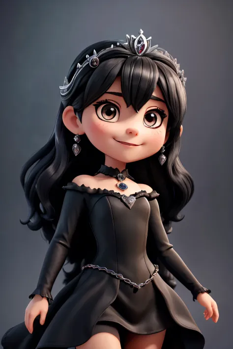 Gothic princess, black hair and a silver crown on her head, straight body, with a black dress like Dracula, she must have a mischievous smile, make her face the camera, clear and well lit image