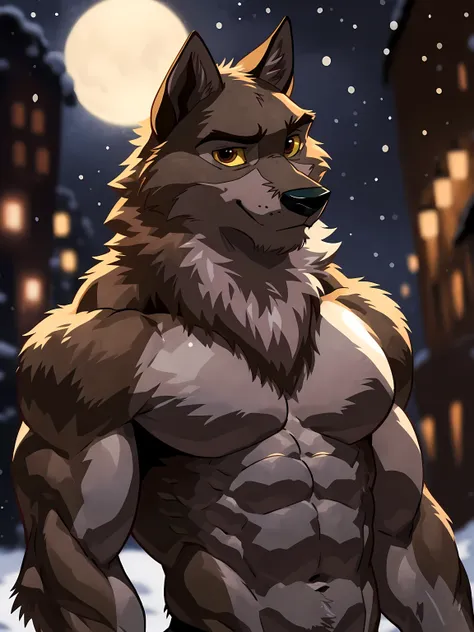 balto, baltowd, brown eyes, yellow sclera, adult, masculine, male, anthro body, very muscular:1.1, muscles:1.1, strong chest, pe...