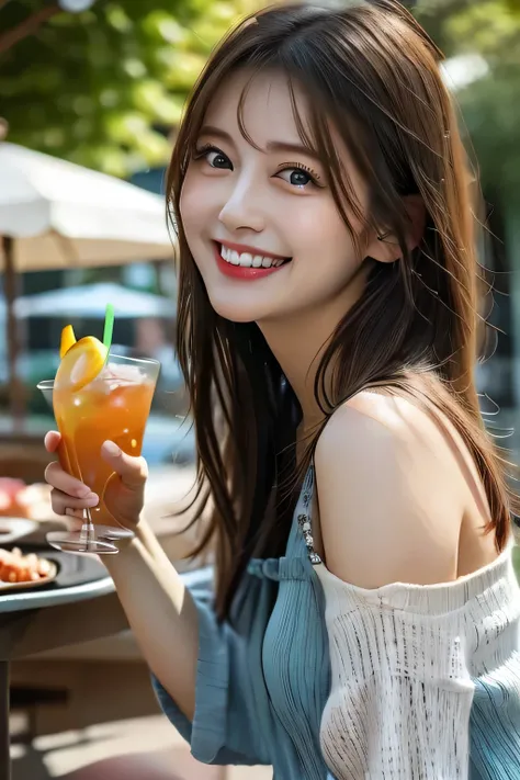 A beautiful woman enjoying a summer BBQ under a bright blue sky, holding a drink in one hand and smiling cutely, wearing casual summer clothes, surrounded by a vibrant outdoor setting with green grass and trees, warm sunlight illuminating her joyful expres...