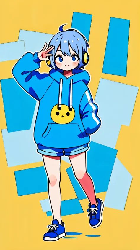 Mash Hair　Short Hair　Blue hair　Wearing a blue hoodie　　Im wearing headphones　1 male　smile　Yellow irises　Narrow eyes　cheeks are white　The whole body is shown　Looking into the distance　Waving one hand up　The whole body is on camera　2 heads　