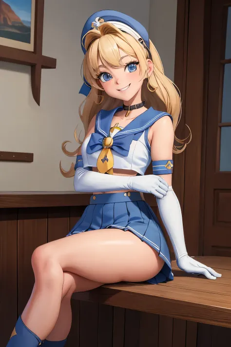 masterpiece, best quality, absurdres, perfect antomy, 1girl, solo, SMMoon, 1990s (style), blonde, standing, smile, cowboy shot, sailor uniform, sailor collar, blue skirt, elbow gloves, big booty, ultra mini skirt , sitting , crossed legged,  cross legs, si...