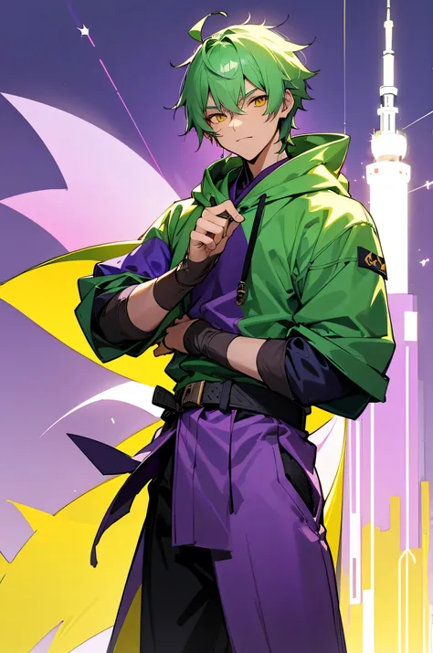 Male, young teen, Green hair, Yellow eyes, Yukata, Purple belt, Purple Hoodie, Tower Background, Arms crossed.