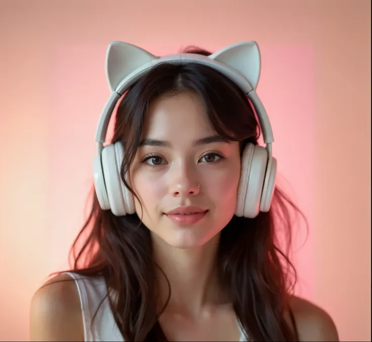 profile avatar featuring a young woman of European descent with a light smile on her lips and a subtly seductive gaze, looking directly into the camera. She is wearing large, white over-ear headphones with playful cat ears on top. Her smooth skin, with a s...