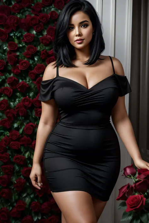 woman, shoulder-length straight black hair, chubby, medium bust, wide stomach, wide hips, black dress, among red roses, looking at the camera, photorealistic