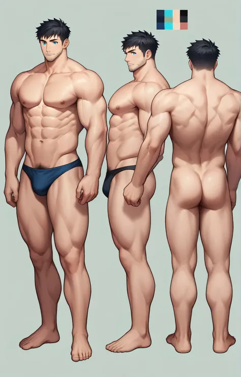 1boy, single, reference sheet, character design, front angle, side angle, left side angle, right side angle, dynamic poses, (masterpiece:1.2), (best quality:1.3), (reference sheet:1.5), adult anime male, huge man, very tall man, masculine body, muscle body...