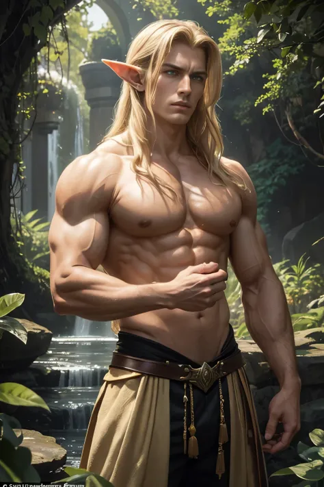 A stunningly chiseled elven warrior with the trademark pointed ears, luscious blonde locks cascading down his broad shoulders, and emerald green eyes brimming with determination. Revealing his sculpted physique, he stands amidst natures bountiful embrace, ...