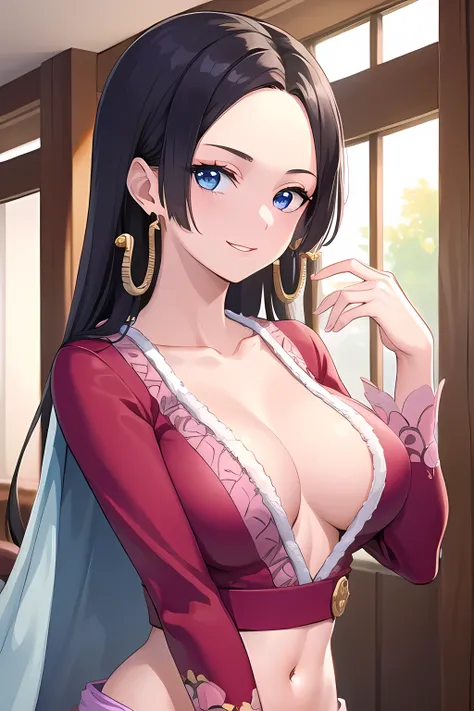 (masterpiece, best quality:1.2), solo, 1girl, boa hancock, smile, looking at viewer, cleavage, jewelry, earrings, midriff, upper body, indoor, 