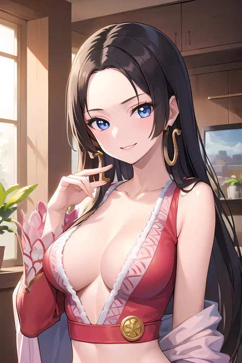 (masterpiece, best quality:1.2), solo, 1girl, boa hancock, smile, looking at viewer, cleavage, jewelry, earrings, midriff, upper body, indoor, 